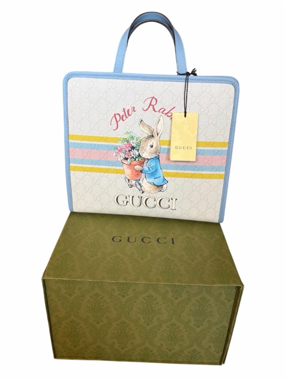 Gucci x Peter Rabbit Tote Handbag GG Supreme Coated Canvas 605614 Pastel limited